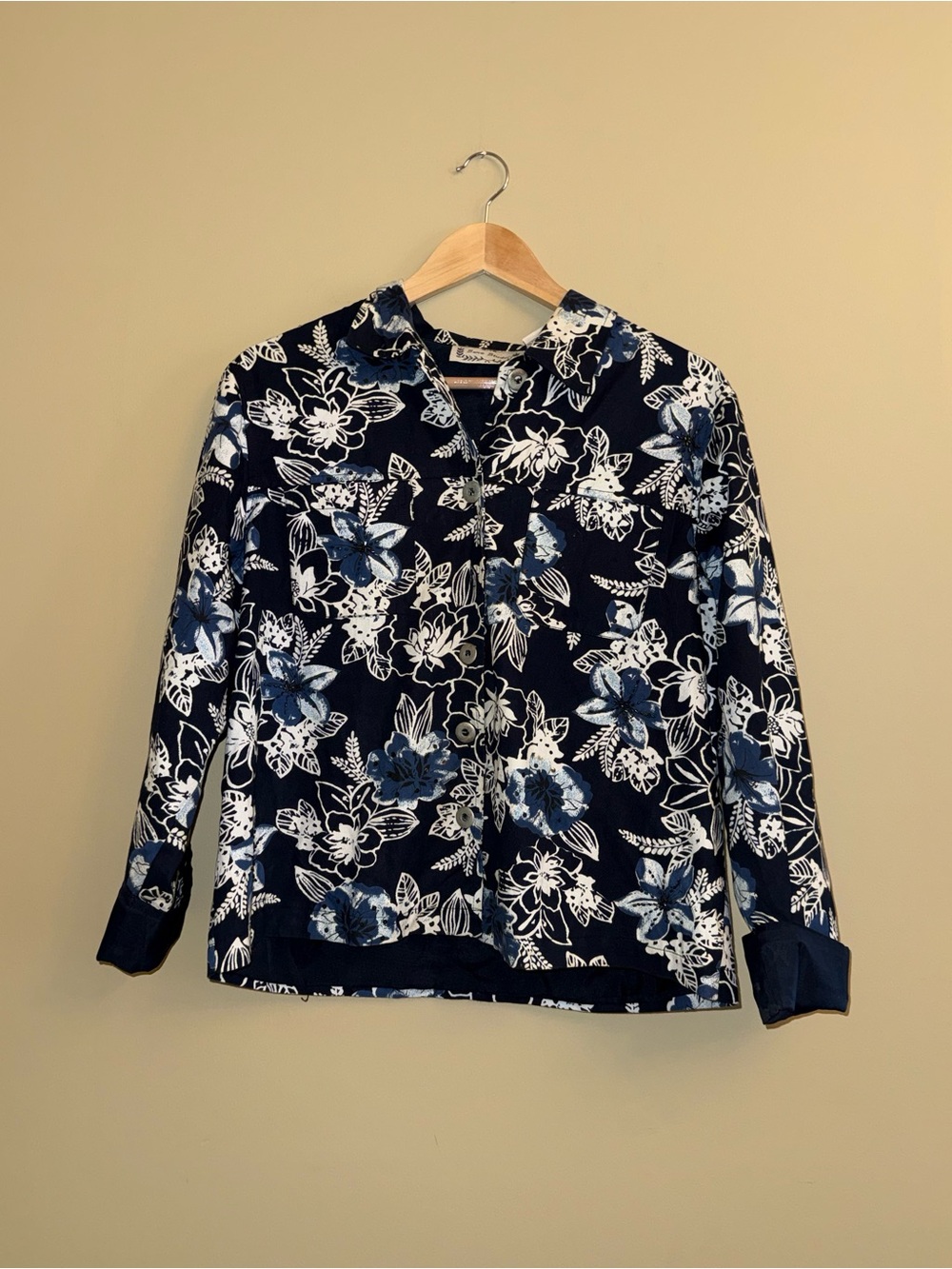 Vintage Sara Studio Floral Embroidery Beaded Blazer Size L Blue White Feminine